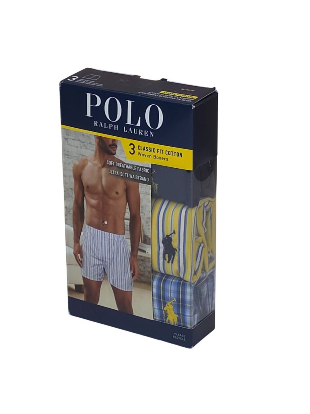 Polo Ralph Lauren 3-Pack Classic Fit Cotton Woven Boxers Mens Medium Navy Yellow